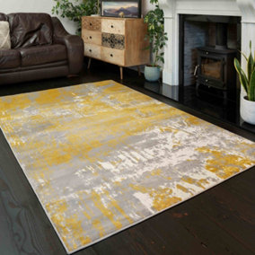 Ochre Grey Super Soft Distressed Abstract Area Rug 60x110cm