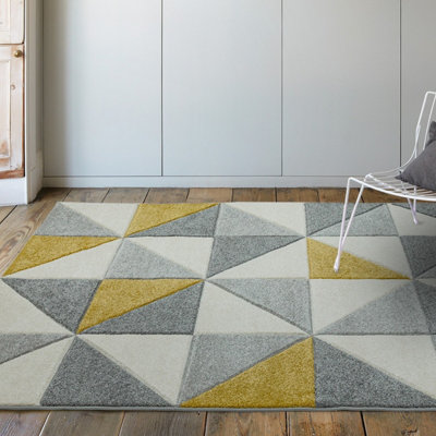 Ochre Modern Geometric Easy To Clean Dining Room Rug-120cm X 170cm