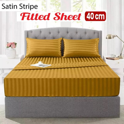 Ochre Satin Stripe Fitted Sheet Deep 40 CM Anti Allergic Super Soft Sing Double King S. King Sizes Bedsheet
