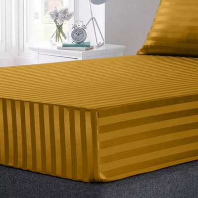 Ochre Satin Stripe Fitted Sheet Deep 40 CM Anti Allergic Super Soft Sing Double King S. King Sizes Bedsheet