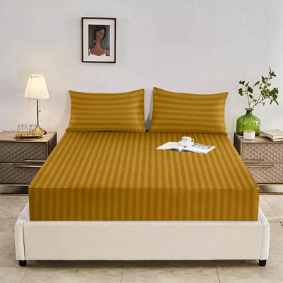 Ochre Satin Stripe Fitted Sheet Deep 40 CM Anti Allergic Super Soft Sing Double King S. King Sizes Bedsheet