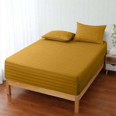 Ochre Satin Stripe Fitted Sheet Deep 40 CM Anti Allergic Super Soft Sing Double King S. King Sizes Bedsheet