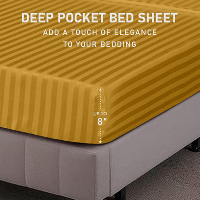 Ochre Satin Stripe Fitted Sheet Deep 40 CM Anti Allergic Super Soft Sing Double King S. King Sizes Bedsheet