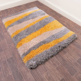 Ochre Striped Shaggy Handmade Striped Easy to Clean Dining Room Bedroom And Living Room Rug-120cm X 170cm