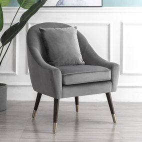 Octavia 74cm wide Pillow Back Grey Velvet Fabric Accent Chair with Steel Tipped Walnut Colour Wooden Legs