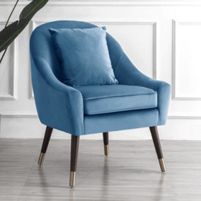 Octavia 74cm wide Pillow Back Light Blue Velvet Fabric Accent Chair with Steel Tipped Walnut Colour Wooden Legs