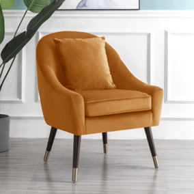 Octavia 74cm wide Pillow Back Orange Velvet Fabric Accent Chair with Steel Tipped Walnut Colour Wooden Legs