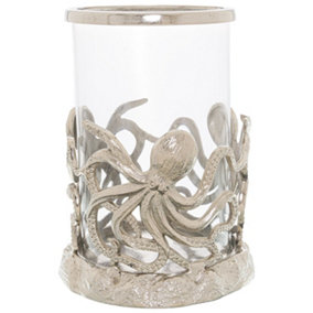 Octopus Candle Hurricane Lantern - Glass/Metal - L26 x W26 x H35 cm - Silver