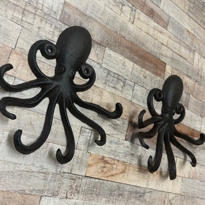 Octopus Wall Hook Rack Coat, Lead, Bag & Key Hanger in Cast Iron (Pack of 2)
