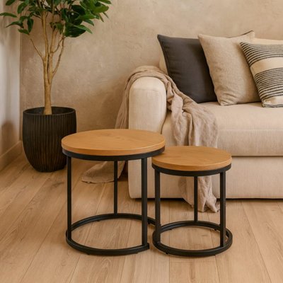 Odense Nesting Tables Wild Oak Effect Tops with Black Steel Hairpin Legs