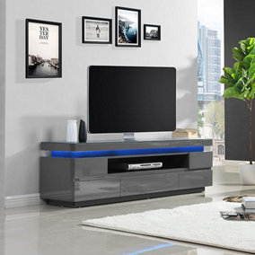Odessa TV Stand With Storage for Living Room and Bedroom, 1750 Wide, LED Lighting, Media Storage, Grey High Gloss Finish