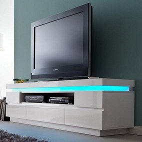 Odessa TV Stand With Storage for Living Room and Bedroom, 1750 Wide, LED Lighting, Media Storage, White High Gloss Finish