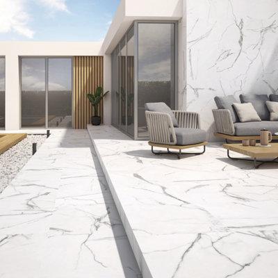 Odyssey Matt White Marble Effect Porcelain Outdoor Tile - Pack of 2, 0.74m² - (L)610x(W)610