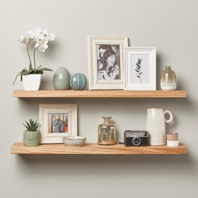 Off the Grain Oak Floating Shelf made From Solid Oak -110cm (L)  Wall Mounted Rustic Wooden Shelves - Pack of 2