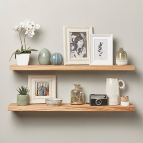 Off the Grain Oak Floating Shelf made From Solid Oak -70cm (L)  Wall Mounted Rustic Wooden Shelves - Pack of 2