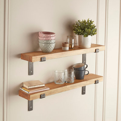 Off the Grain Rustic Wooden Shelves with Brackets - Pack of 2 Solid Wood Shelves - 120cm (L)