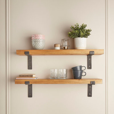 Off the Grain Rustic Wooden Shelves with Brackets - Pack of 2 Solid Wood Shelves - 120cm (L)