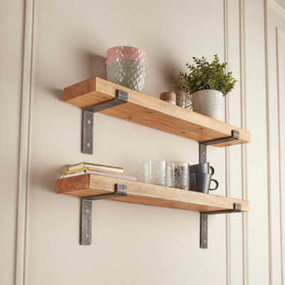 Off the Grain Rustic Wooden Shelves with Brackets - Pack of 2 Solid Wood Shelves - 120cm (L)