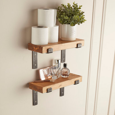 Off the Grain Rustic Wooden Shelves with Brackets - Pack of 2 Solid Wood Shelves - 40cm (L)