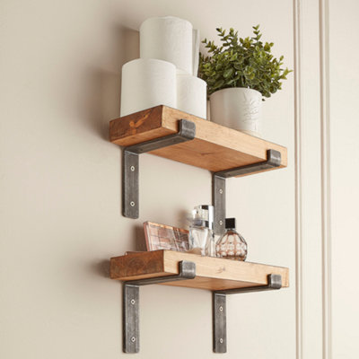 Off the Grain Rustic Wooden Shelves with Brackets - Pack of 2 Solid Wood Shelves - 40cm (L)