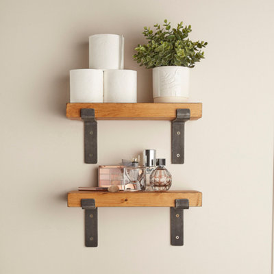 Off the Grain Rustic Wooden Shelves with Brackets - Pack of 2 Solid Wood Shelves - 50cm (L)