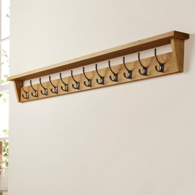Off the Grain Solid Oak Coat Rack with Shelf Walnut Finish 12 Hooks
