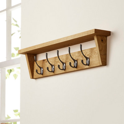 Off the Grain Solid Oak Coat Rack with Shelf - Walnut Finish 5 Hooks