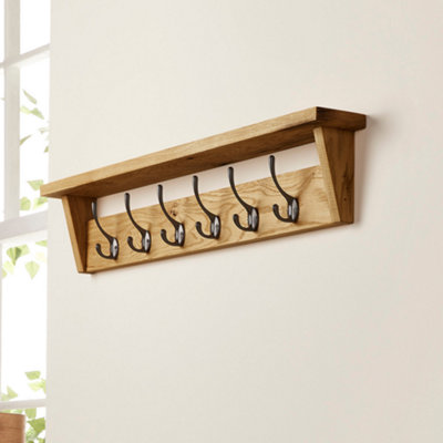 Off the Grain Solid Oak Coat Rack with Shelf - Walnut Finish 6 Hooks