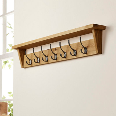 Off the Grain Solid Oak Coat Rack with Shelf - Walnut Finish 7 Hooks