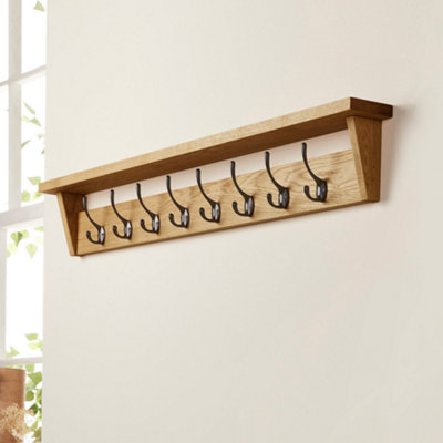Off the Grain Solid Oak Coat Rack with Shelf - Walnut Finish 8 Hooks