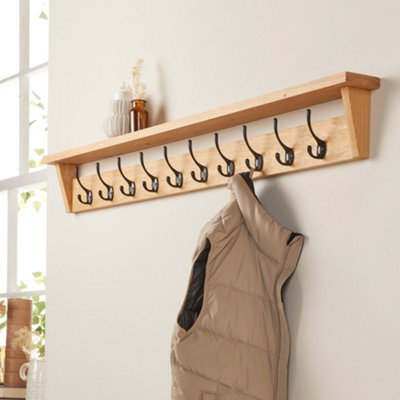 Wall Coat Hooks Panel Hallway Storage Shelf White Gloss Oak