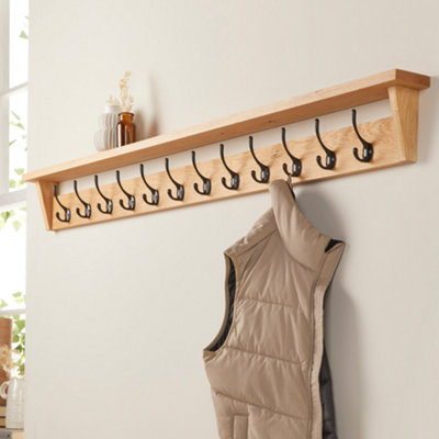 Off the Grain Wall Mounted Solid Oak Coat Rack with Storage Shelf 12 Hooks DIY at B Q