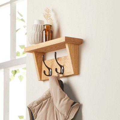 Off the Grain Wall Mounted Solid Oak Coat Rack with Storage Shelf 2 Hooks