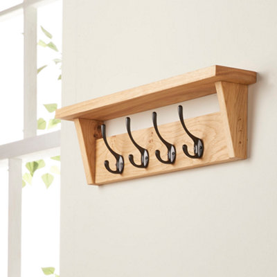 Off the Grain Wall Mounted Solid Oak Coat Rack with Storage Shelf - 4 Hooks