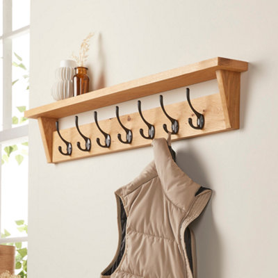 Off the Grain Wall Mounted Solid Oak Coat Rack with Storage Shelf - 7 ...