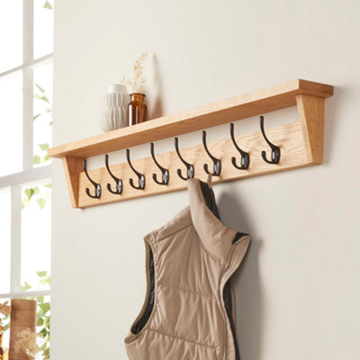 Off the Grain Wall Mounted Solid Oak Coat Rack with Storage Shelf
