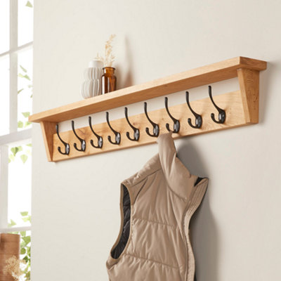 Off the Grain Wall Mounted Solid Oak Coat Rack with Storage Shelf - 9 Hooks
