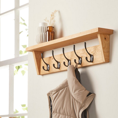 Off the Grain Wooden Coat Rack with Storage Shelf - Solid Oak Hanger ...