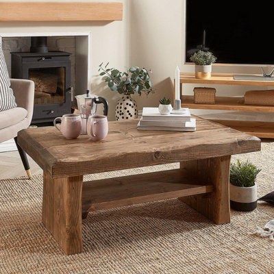 Off the Grain Wooden Coffee Table with Storage - 1000mm (L) Rustic Solid Wood Coffee Table