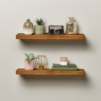 Off the Grain Wooden Floating Shelves - Dark Oak -60cm (L)  Solid Oak Wooden Shelves - Pack of 2
