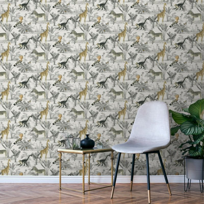 Off White Grey Safari Wallpaper Jungle Theme Animals Leaf Slightly Textured Feature Wall