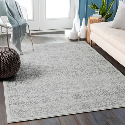 Off White Grey Traditional Rug, Bordered Floral Stain Resistant For ...