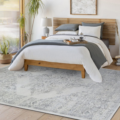 Off White Grey Traditional Rug, Bordered Floral Stain Resistant Rug For ...