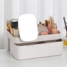Off-White Plastic Desktop Makeup Cosmetic Organizer Storage Drawers with Removable Mirror 29.8cm (W) x 18.6cm (D) x 12cm (H)