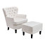 Off White Velvet Upholstered Occasional Armchair Studded Design Accent Chair with Ottoman Footstool