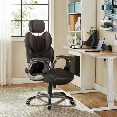 Office Chair with Adjustable Headrest, High Back 81 cm, Racing Sport Swivel Chair, Flip-Up Armrest Executive Chair PU, Black