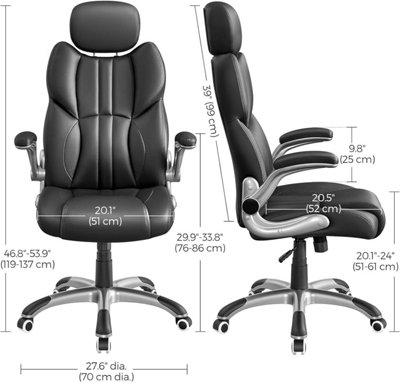 Office Chair with Adjustable Headrest, High Back 81 cm, Racing Sport Swivel Chair, Flip-Up Armrest Executive Chair PU, Black