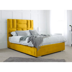 Ofsted Plush Bed Frame With Lined Headboard - Mustard Gold