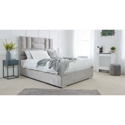 Ofsted Plush Bed Frame With Lined Headboard - Silver