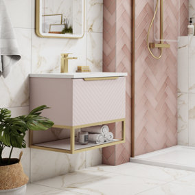 Ogmore Blush Pink 600mm Vanity Unit with Brushed Brass Frame inc Basin, Handle and Brass Overflow